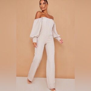 PrettyLittleThing Cream Off-Shoulder Jumpsuit